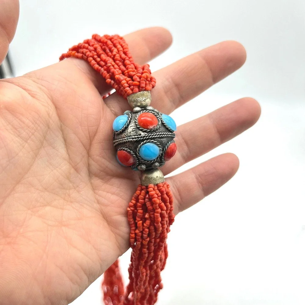 Vintage Multi Strand Red‎ Seed Bead Necklace Turquoise Filigree Statement 26in